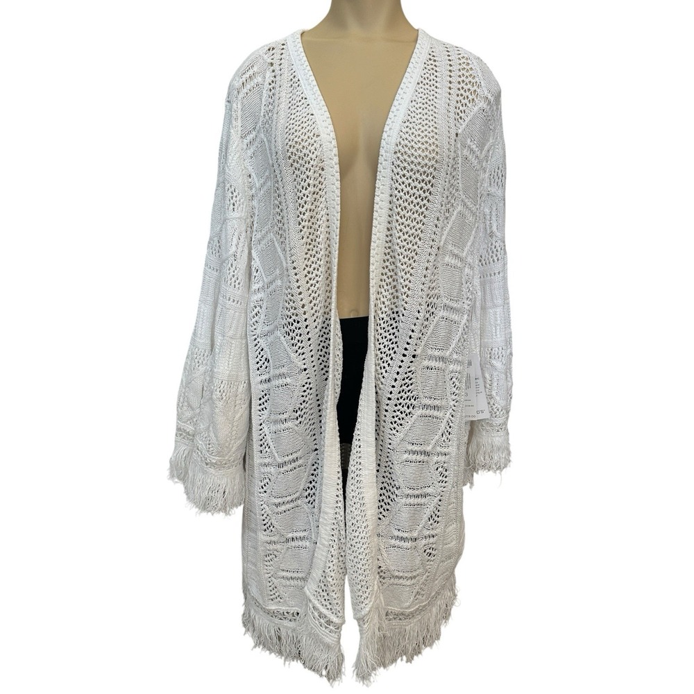 Chicos Cardigan Open Front Womens XL Linen Blend Crochet Fringe White Boho NWT
